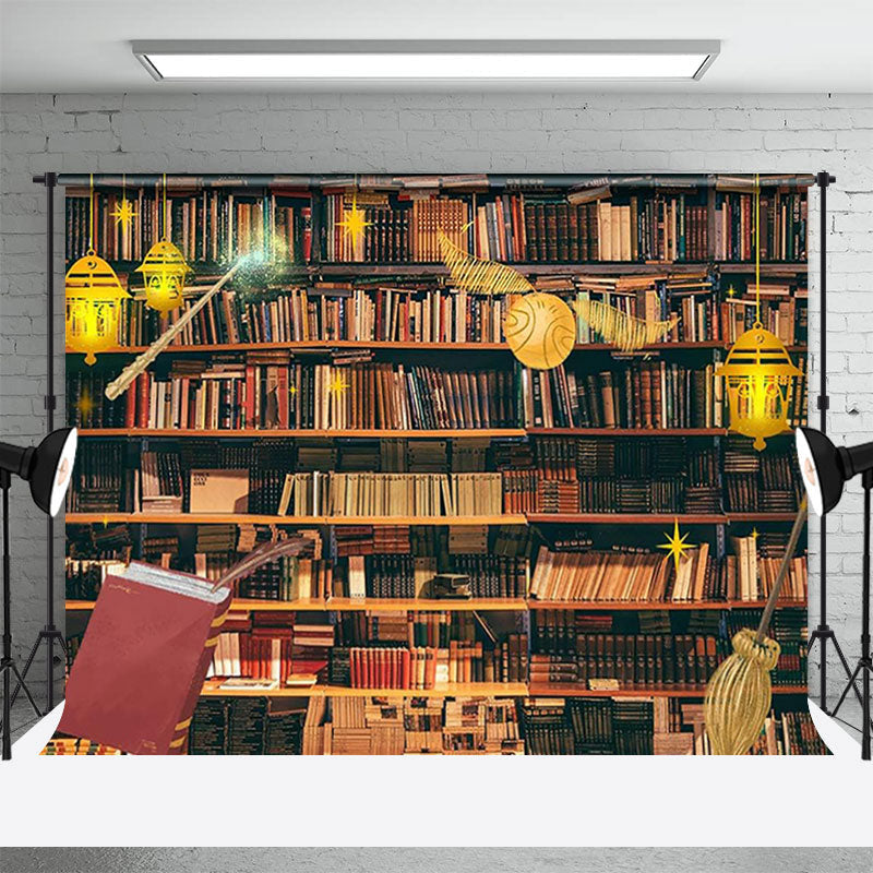 Aperturee - Bookshelf Wand Broom Lights World Book Day Backdrop