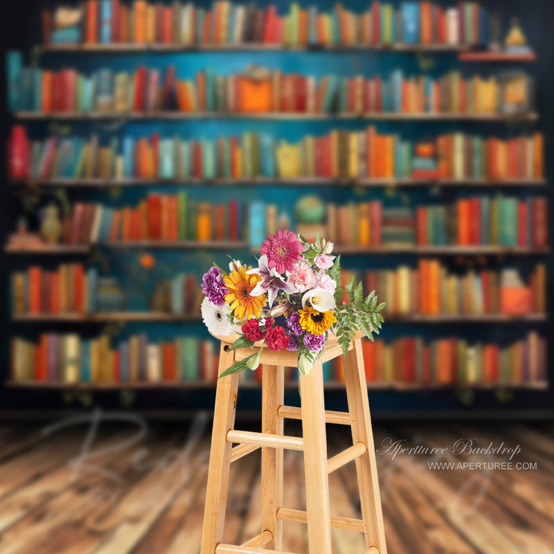 Aperturee - Bookshelf Wooden Floor Back To School Photo Backdrop