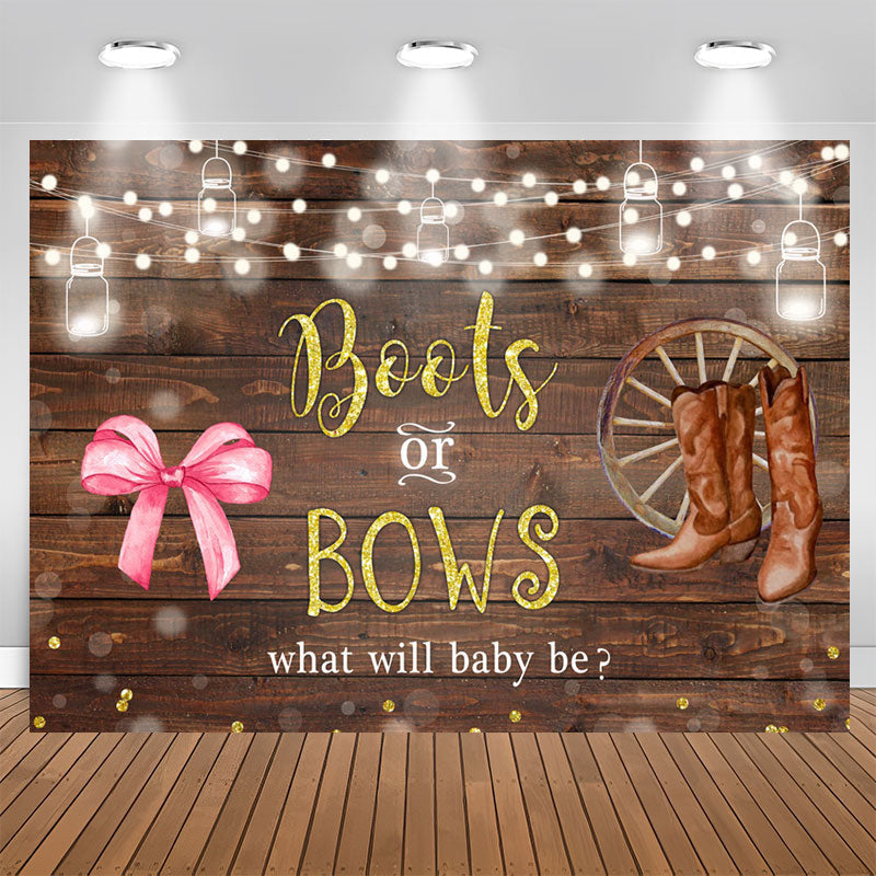 Aperturee - Boots Or Bows Lights Wood Backdrop for Baby Shower