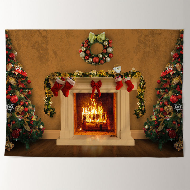 Aperturee - Bow Tie Wreath Fireplace Christmas Tree Backdrop