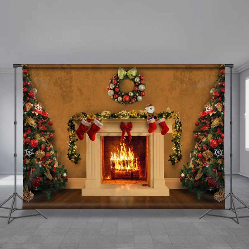 Aperturee - Bow Tie Wreath Fireplace Christmas Tree Backdrop