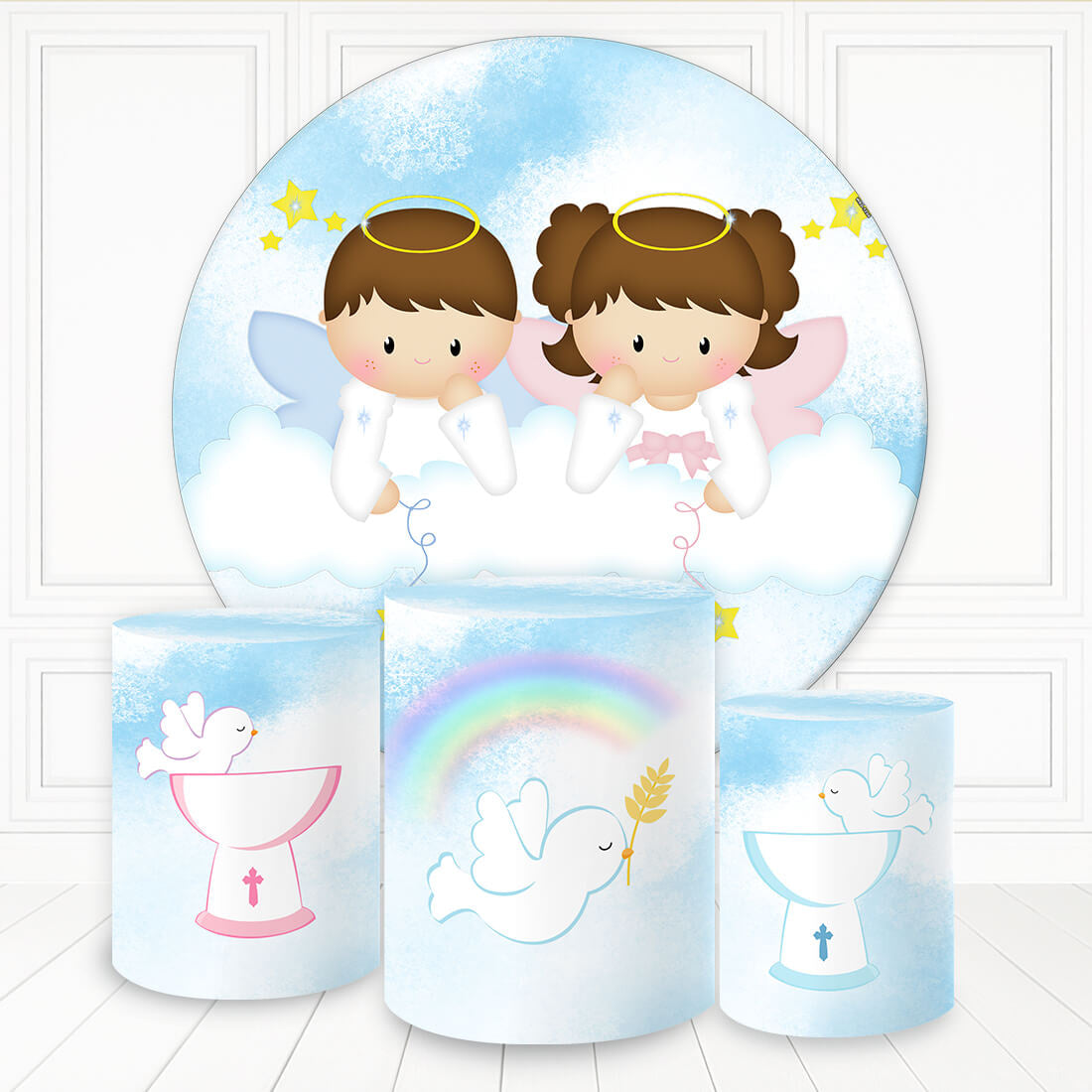 Aperturee Boy And Girl Angels Cloud Sky Round Baby Shower Backdrop Kit