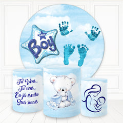 Aperturee Boy Bear Hand And Footprint Round Backdrop Kit For Baby Shower