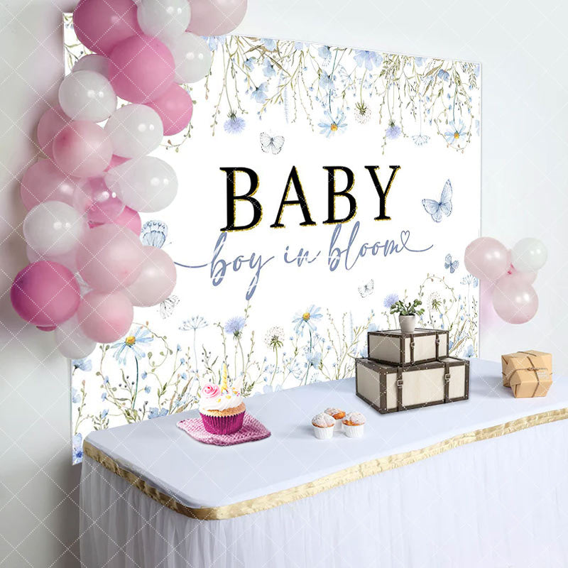 Aperturee - Boy In Bloom Blue Floral Spring Baby Shower Backdrop