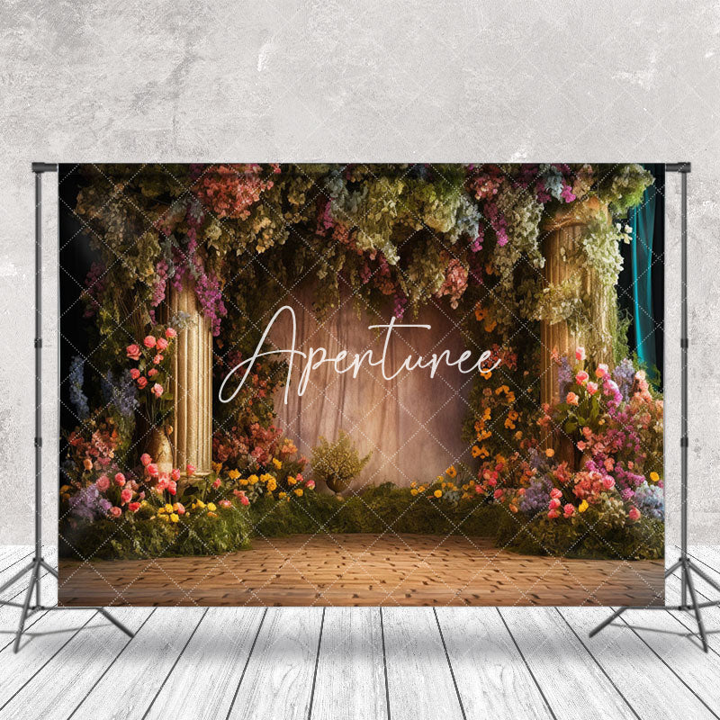 Aperturee - Brick Floor Retro Wall Floral Plant Photo Backdrop