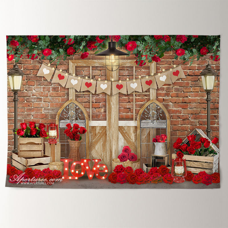 Aperturee - Brick Lamp Love Rose Happy Valentine Day Backdrop