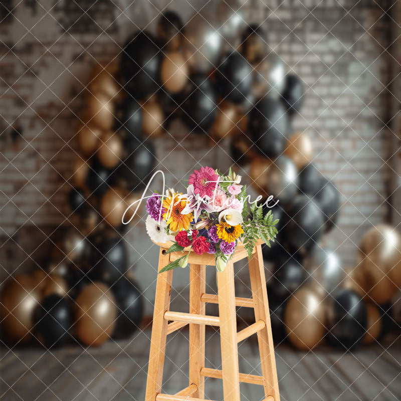 Aperturee - Brick Wall Gold Balloon Birthday Cake Smash Backdrop