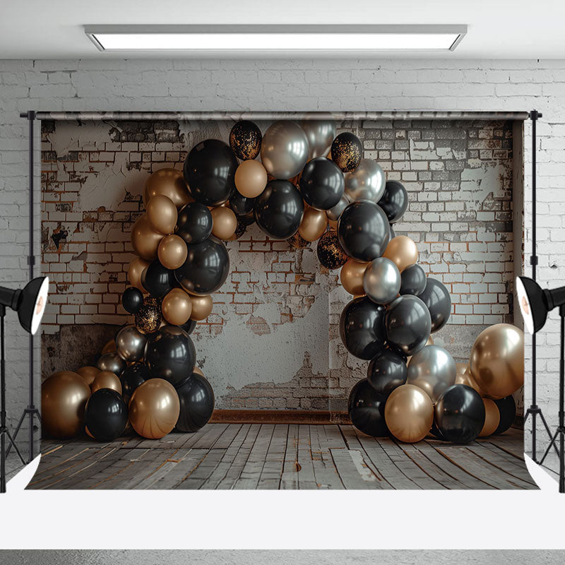 Aperturee - Brick Wall Gold Balloon Birthday Cake Smash Backdrop