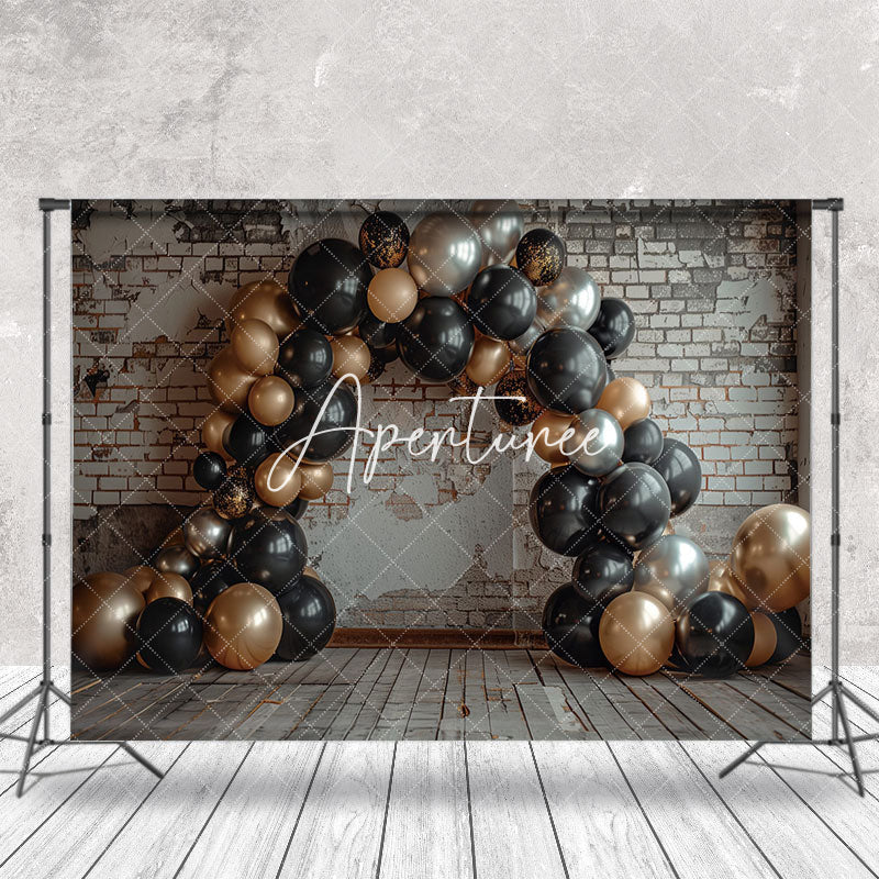 Aperturee - Brick Wall Gold Balloon Birthday Cake Smash Backdrop