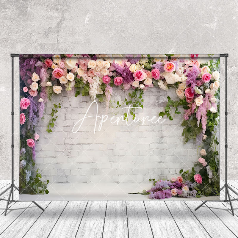 Aperturee - Brick Wall Lilac Pink Floral Summer Photo Backdrop