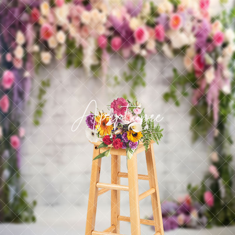 Aperturee - Brick Wall Lilac Pink Floral Summer Photo Backdrop