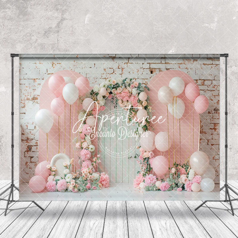 Aperturee - Brick Wall Pink Arch Balloons Cake Smash Backdrop