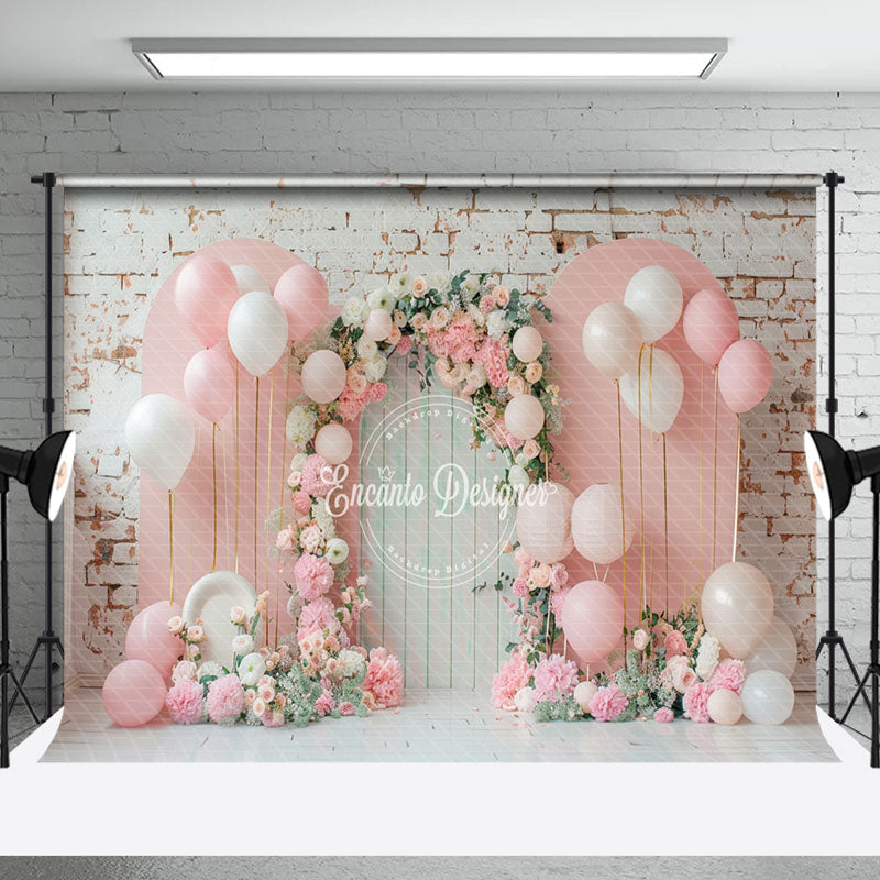 Aperturee - Brick Wall Pink Arch Balloons Cake Smash Backdrop