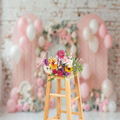 Aperturee - Brick Wall Pink Arch Balloons Cake Smash Backdrop