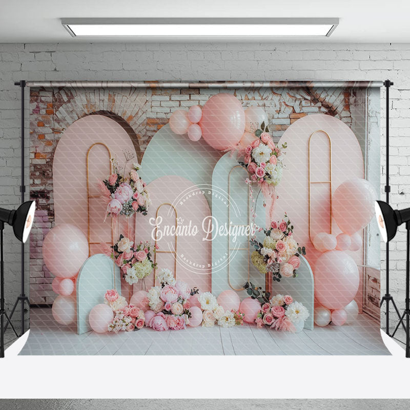 Aperturee - Brick Wall Pink White Floral Cake Smash Backdrop