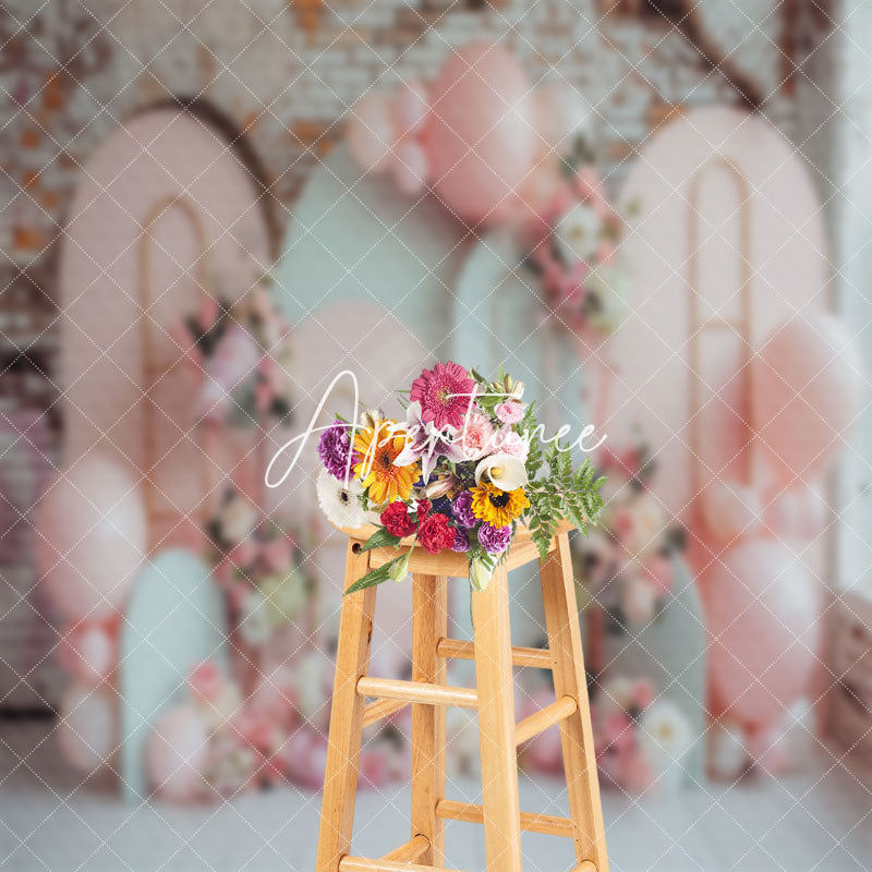 Aperturee - Brick Wall Pink White Floral Cake Smash Backdrop