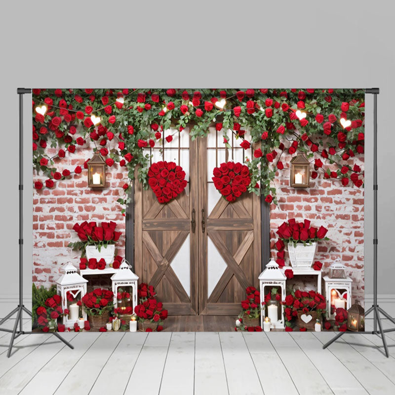 Aperturee - Brick Wall Red Flowers Wood Valentines Day Backdrop