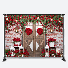 Aperturee - Brick Wall Red Flowers Wood Valentines Day Backdrop