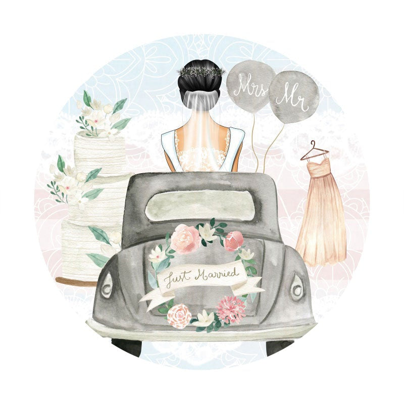 Aperturee - Bride And Car Round Happy Wedding Day Backdrop