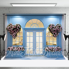 Aperturee - Bright Blue Shop Wall Pink Heart Floral Backdrop