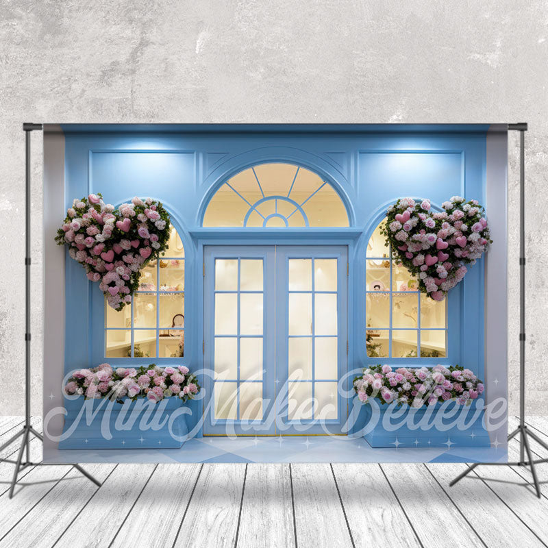 Aperturee - Bright Blue Shop Wall Pink Heart Floral Backdrop