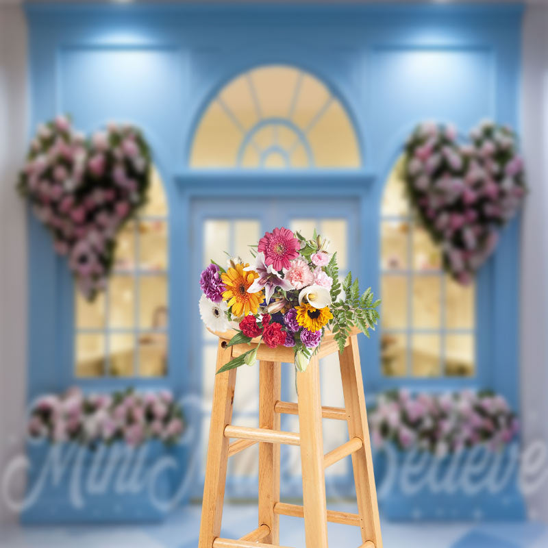 Aperturee - Bright Blue Shop Wall Pink Heart Floral Backdrop