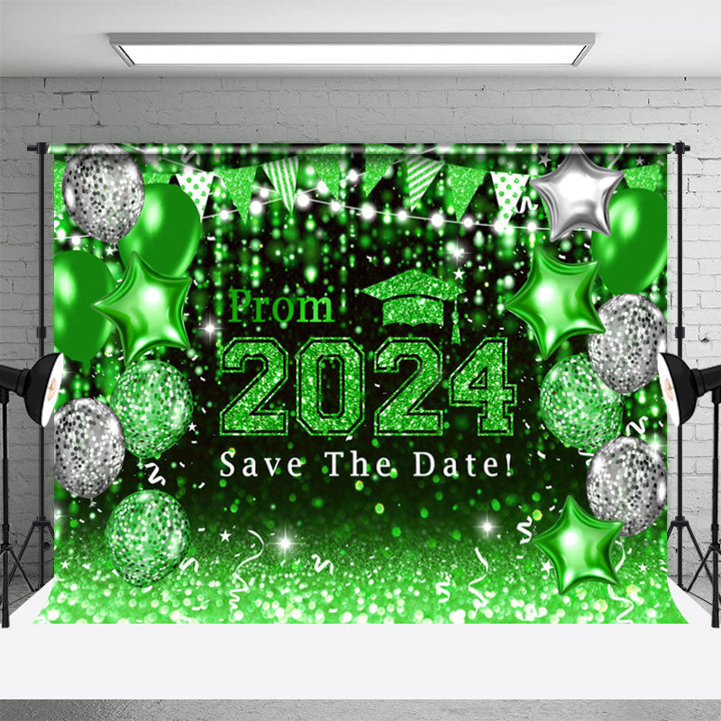 Aperturee - Bright Green Balloons Flag Bokeh Graduation Backdrop