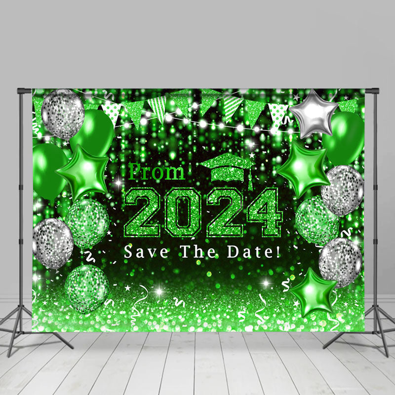 Aperturee - Bright Green Balloons Flag Bokeh Graduation Backdrop