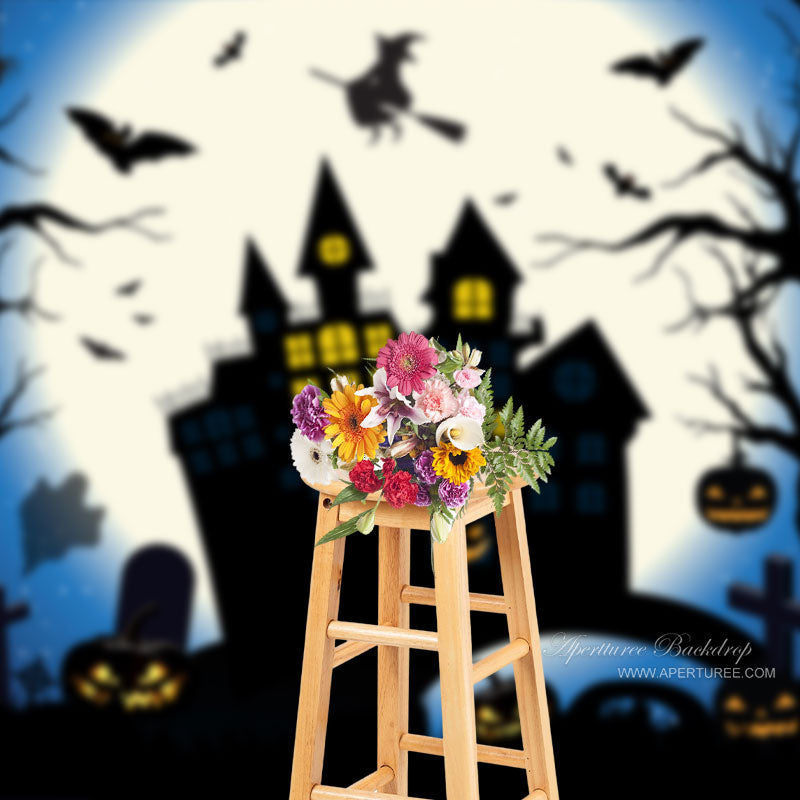 Aperturee - Bright Moon Night Black Halloween Castle Theme Backdrop