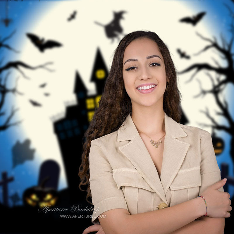 Aperturee - Bright Moon Night Black Halloween Castle Theme Backdrop