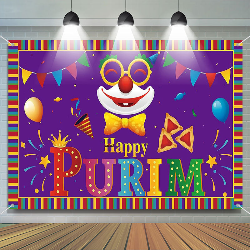 Aperturee - Bright Purple Clown Colorful Border Purim Backdrop