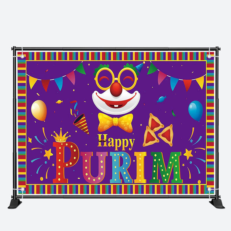 Aperturee - Bright Purple Clown Colorful Border Purim Backdrop