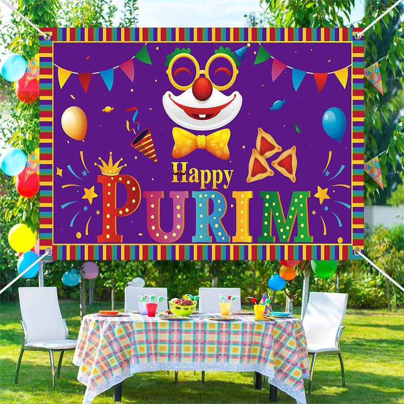 Aperturee - Bright Purple Clown Colorful Border Purim Backdrop