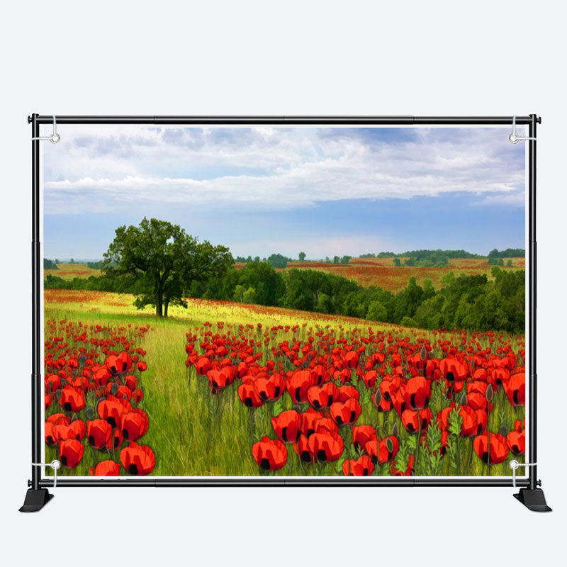 Aperturee - Bright Red Flowers Green Trees Field Spring Backdrop