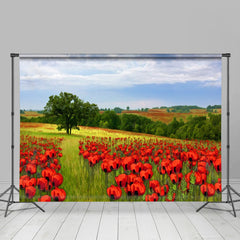 Aperturee - Bright Red Flowers Green Trees Field Spring Backdrop