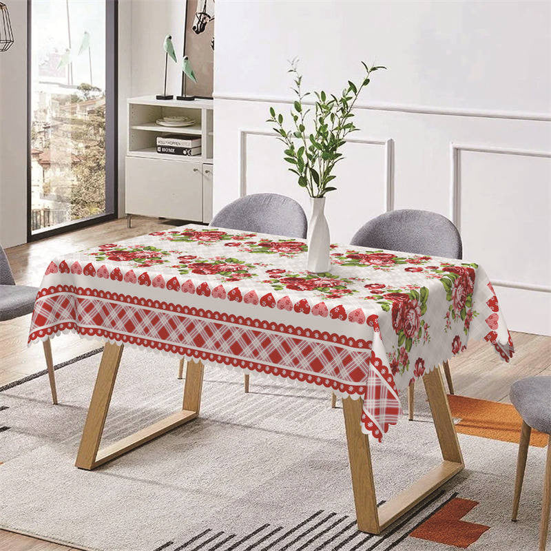 Aperturee - Bright Red Flowers Heart Plaid Rectangle Tablecloth