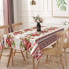 Aperturee - Bright Red Flowers Heart Plaid Rectangle Tablecloth