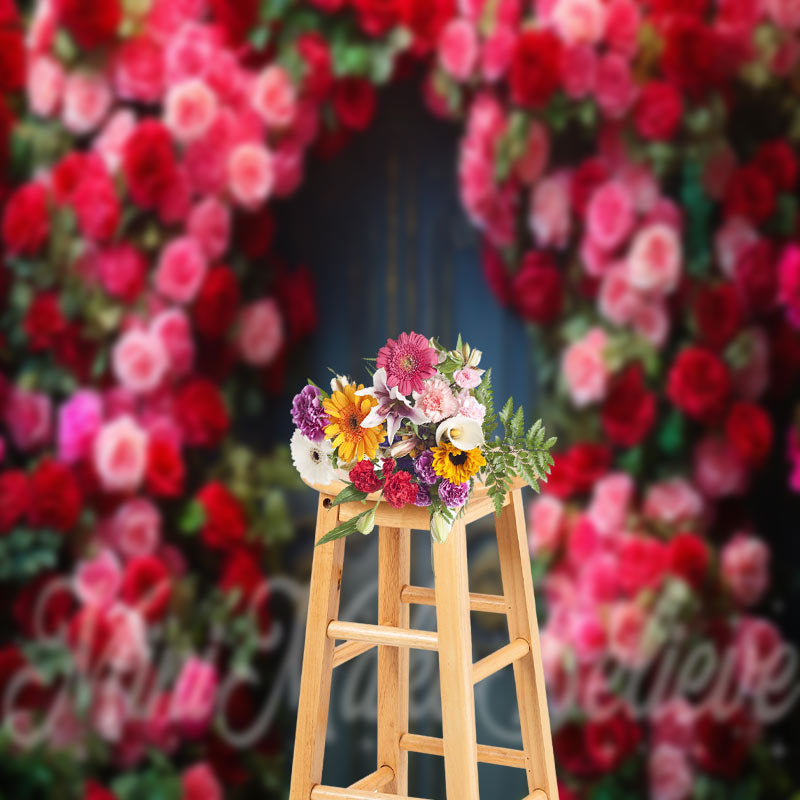 Aperturee - Bright Red Pink Roses Bronze Door Spring Backdrop