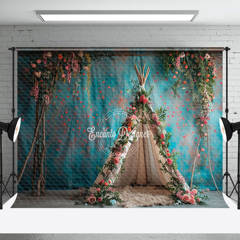 Aperturee - Bright Teal Wall Floral Boho Tent Wedding Backdrop