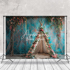 Aperturee - Bright Teal Wall Floral Boho Tent Wedding Backdrop