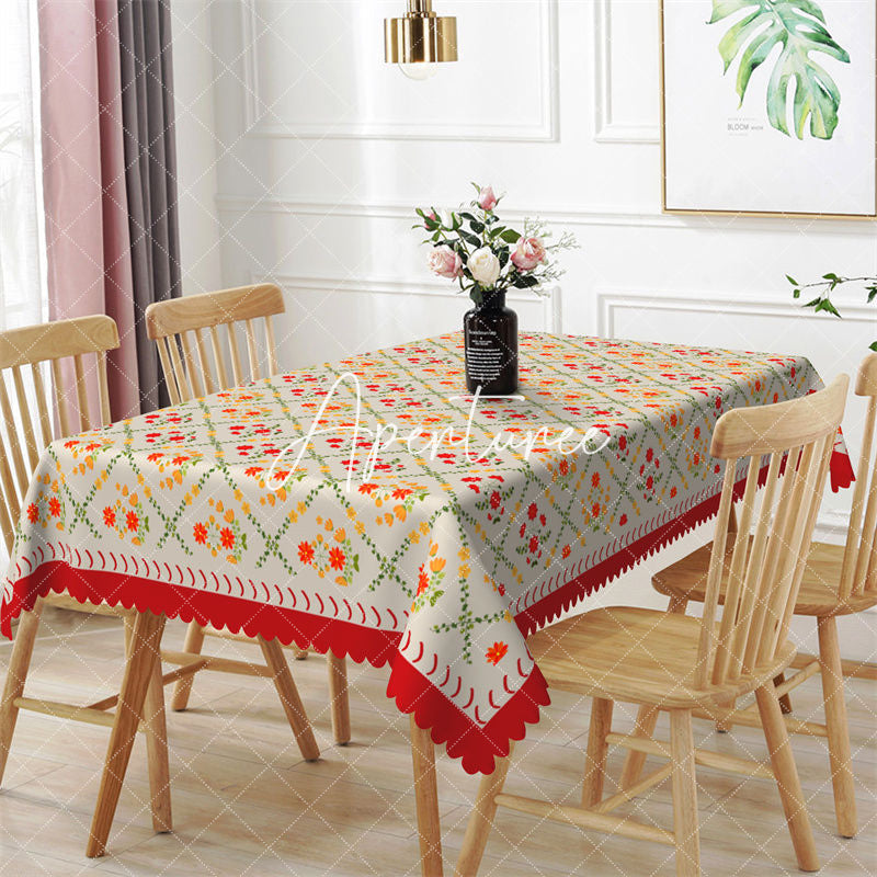 Aperturee - Bright Warm Red Floral Plaid Rectangle Tablecloth