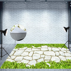 Aperturee - Bright White Stone Wall Green Plant Spring Floor Mat