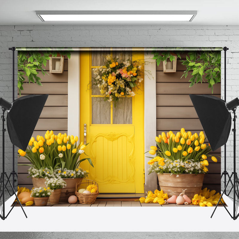 Aperturee - Bright Yellow Door Floral Wood Wall Easter Backdrop