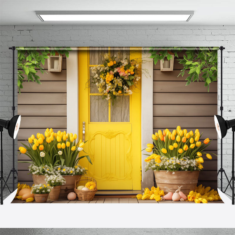 Aperturee - Bright Yellow Door Floral Wood Wall Easter Backdrop