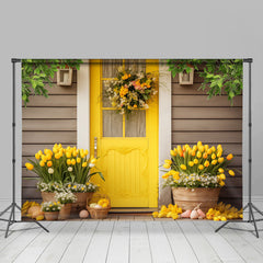 Aperturee - Bright Yellow Door Floral Wood Wall Easter Backdrop