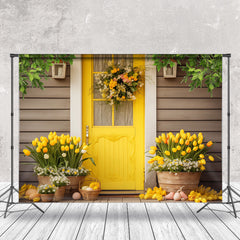 Aperturee - Bright Yellow Door Floral Wood Wall Easter Backdrop