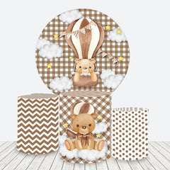 Aperturee Brown Air Balloon Bear Baby Shower Round Backdrop Kit