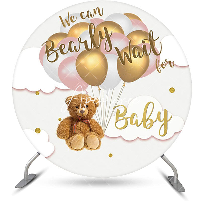 Aperturee - Brown Bear Balloon Cloud Round Baby Shower Backdrop