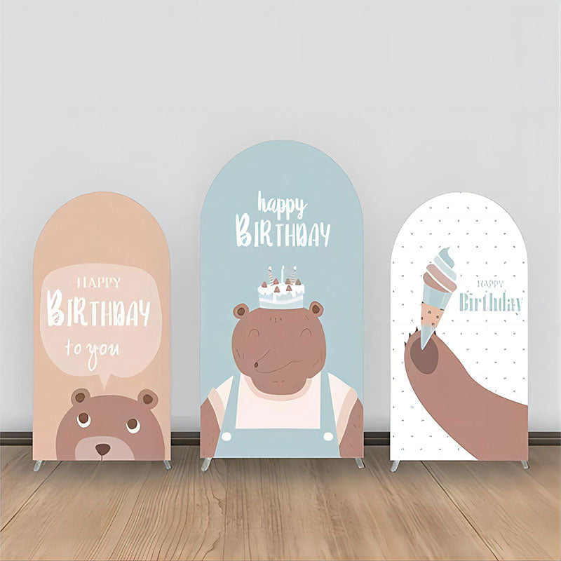 Aperturee - Brown Bear Ice Cream Cake Dot Blue Arch Backdrop Kit