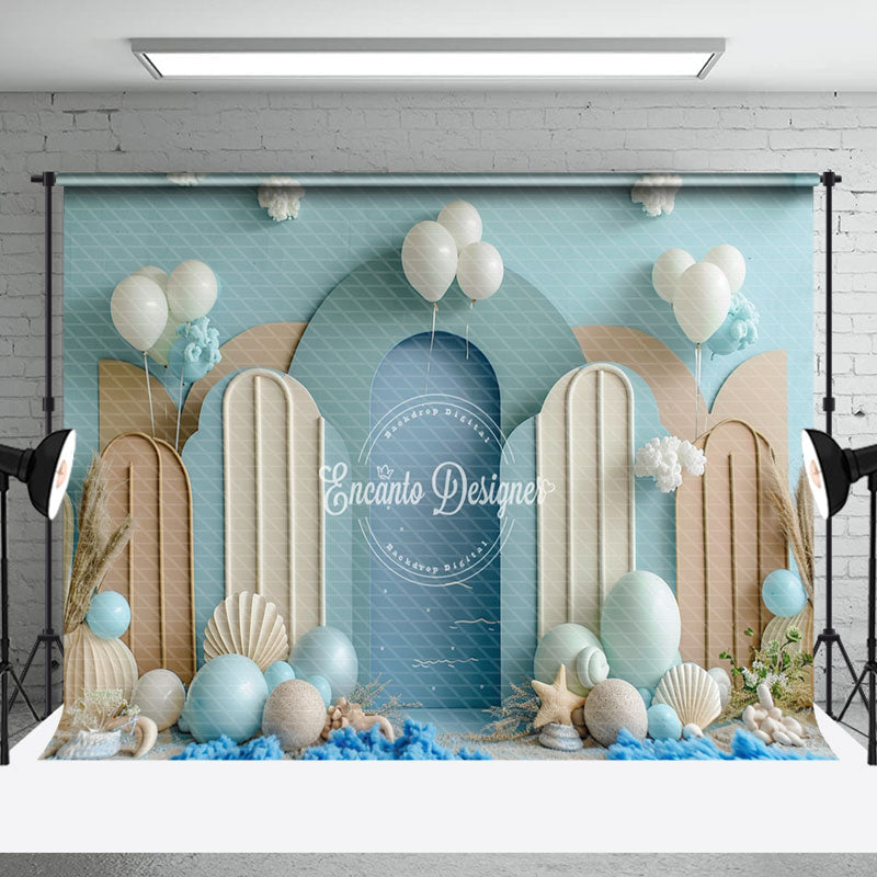 Aperturee - Brown Blue Balloons Beach Summer Cake Smash Backdrop